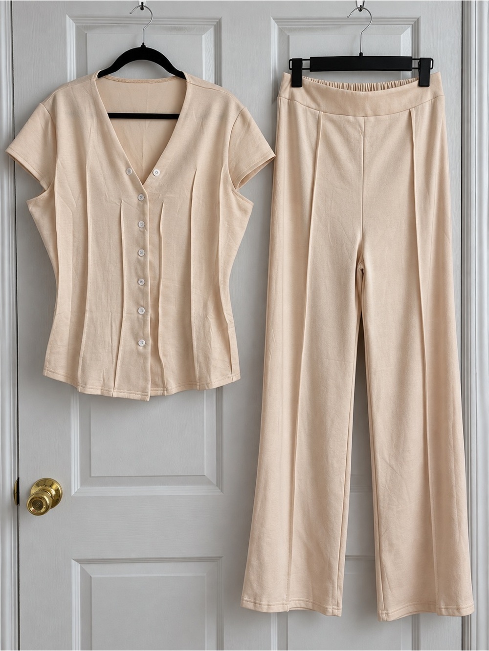 Women's Neutral Cream Button Front Top & Wide Leg Pants Set